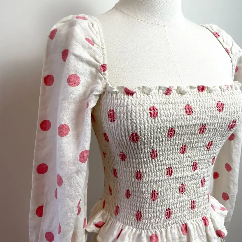 Reformation Polka‎ Dot Puff Sleeve Linen Top Small Smocked Feminine Coquette